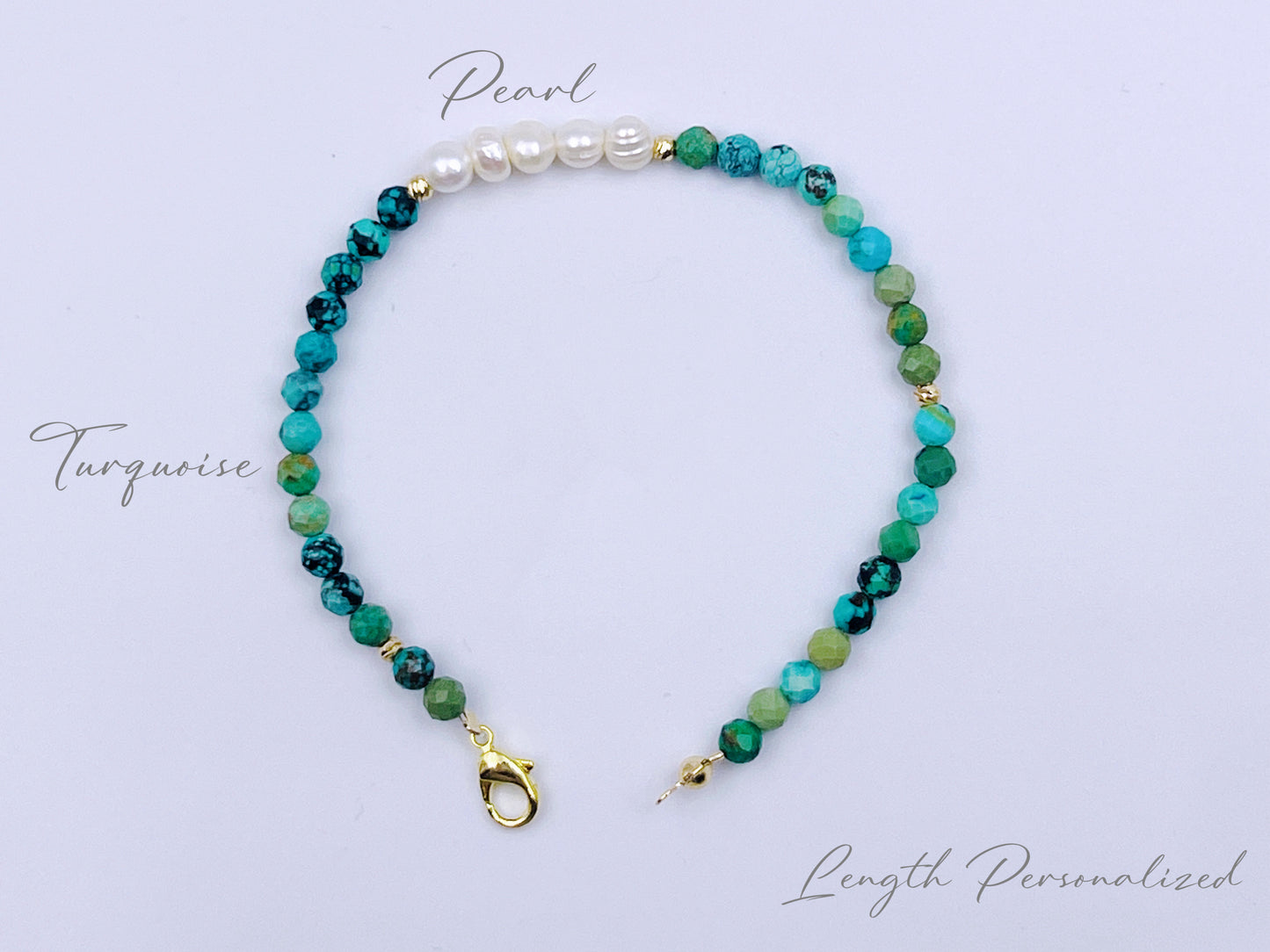 Turquoise with pearl bracelet, daily wear, gift for her, length personalized